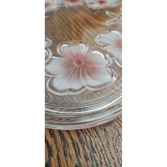 VINTAGE HEAVY GLASS SERVING TRAY SCALLOPED EDGES PINK FROSTED PANSY FLOWER - Picture 7 of 9
